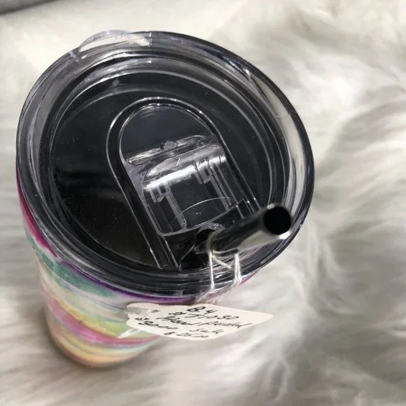 20 Ounce Tumbler Hand-Painted Pinks Pearl Teal Yellow Lid And Straw - Picture 13 of 16